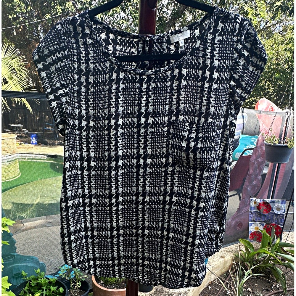 Joie Silk Top Size S Black White Plaid Short Sleeve Grid Pocket Blouse Chic Mod